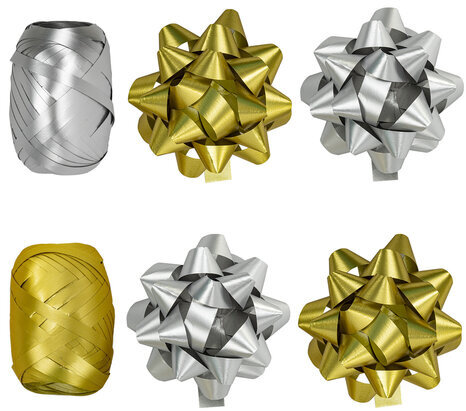 Набор для декора и подарков 4 банта, 2 ленты, матовый металл, цвета: золотистый, серебристый, ЗОЛОТАЯ СКАЗКА, 591850