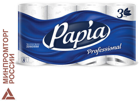 Бумага туалетная, спайка 8 шт., 3-слойная (8х17 м) Papia Professional, белая, 5060404
