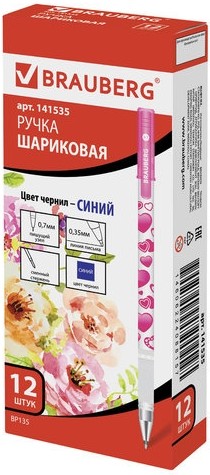 Ручка шариковая BRAUBERG "Сердечки", СИНЯЯ, корпус с печатью, узел 0,7 мм, линия письма 0,35 мм, 141535