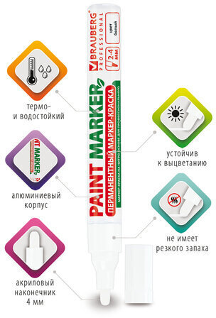 Маркер-краска лаковый (paint marker) 4 мм, БЕЛЫЙ, БЕЗ КСИЛОЛА (без запаха), алюминий, BRAUBERG PROFESSIONAL, 150878