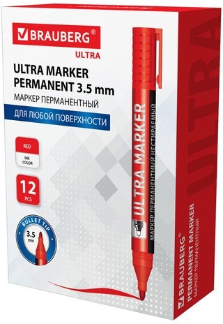 Маркер перманентный ULTRA MARKER, КРАСНЫЙ, 3,5 мм, с клипом, BRAUBERG, 152205