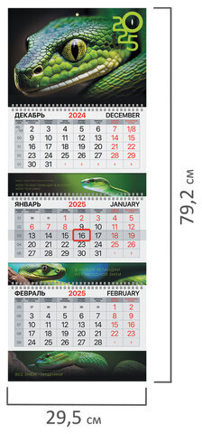 Календарь квартальный на 2025 г., 3 блока, 3 гребня, с бегунком, мелованная бумага, BRAUBERG EXTRA, "Символ года", 116147