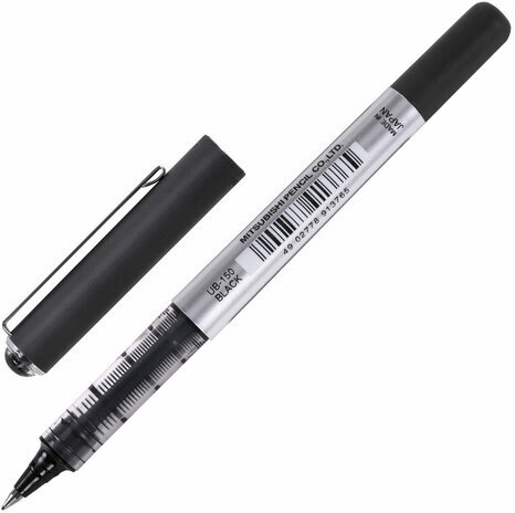 Ручка-роллер Uni-Ball Eye, ЧЕРНАЯ, корпус серебро, узел 0,5 мм, линия 0,3 мм, UB-150 BLACK
