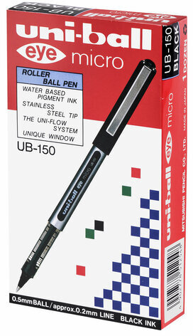 Ручка-роллер Uni-Ball Eye, ЧЕРНАЯ, корпус серебро, узел 0,5 мм, линия 0,3 мм, UB-150 BLACK