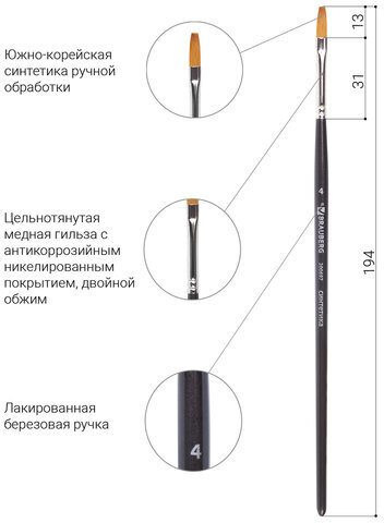 Кисть художественная проф. BRAUBERG ART CLASSIC, синтетика мягкая под колонок, плоск, № 4, кор руч, 200697