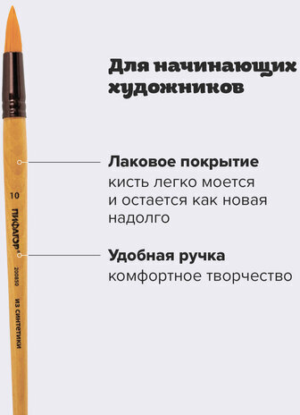 Кисть ПИФАГОР, СИНТЕТИКА, круглая, № 10, деревянная лакированная ручка, с колпачком, пакет с подвесом, 200850