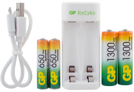 Зарядное устройство GP с аккумуляторами, AA 1300 mAh 2 шт. + AAA 650 mAh 2 шт., E211130/65-2CRB4, E21113065-2CRB4