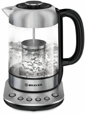 Чайник с терморегулятором и заварником BRAYER BR1028, 1,7 л, 2200 Вт, закрытый нагревательный элемент, стекло