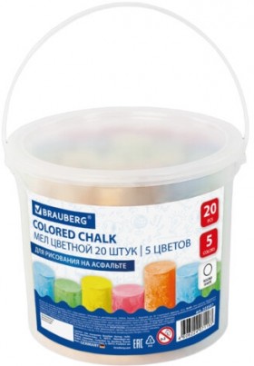 Мел цветной BRAUBERG, набор 20 шт., для рисования на асфальте, круглый, пластиковое ведро, 223557
