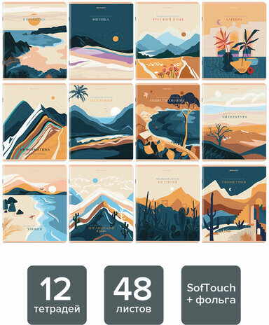 Тетради предметные, КОМПЛЕКТ 12 ПРЕДМЕТОВ, "ELEGANCE", 48 л., SoftTouch, фольга, BRAUBERG, 404611