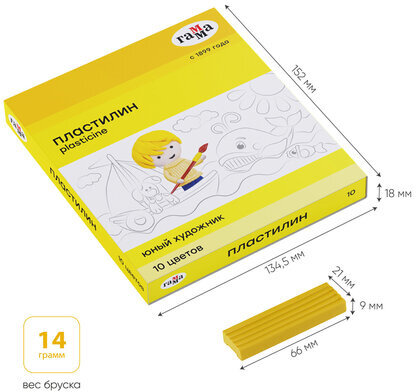 Пластилин классический ГАММА "Юный художник NEW", 10 цветов, 140 г, со стеком, картонная упаковка, 280044