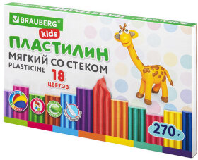 Пластилин мягкий восковой BRAUBERG KIDS, 18 цветов, 270 г, со стеком, 106497