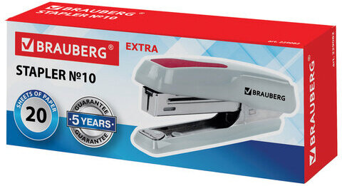 Степлер №10 BRAUBERG "Extra", до 20 листов, антистеплер, серо-красный, 229082
