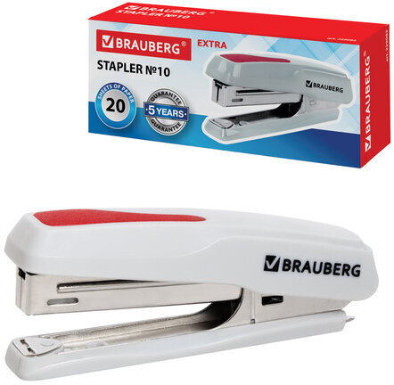 Степлер №10 BRAUBERG "Extra", до 20 листов, антистеплер, серо-красный, 229082