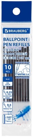 Стержни шариковые масляные с ушками BRAUBERG "WRITING 3.0", 107 мм, КОМПЛЕКТ 10 ШТ., СИНИЕ, игольчатый узел 0,5 мм, 170415