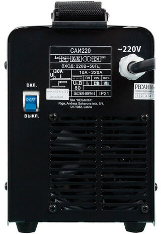 Сварочный аппарат инверторный, сварочный ток до 220 А, диаметр электрода до 5 мм, РЕСАНТА САИ 220, 65/3