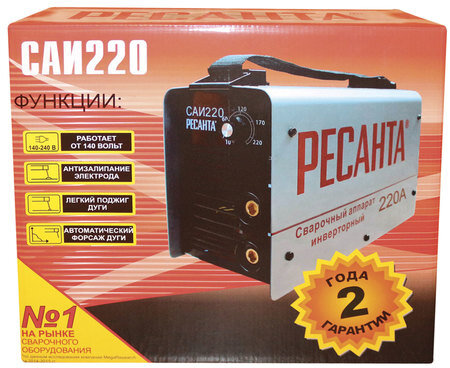 Сварочный аппарат инверторный, сварочный ток до 220 А, диаметр электрода до 5 мм, РЕСАНТА САИ 220, 65/3