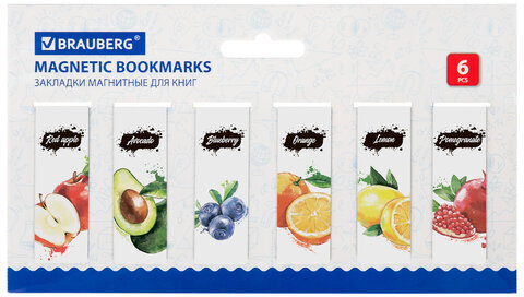 Закладки для книг МАГНИТНЫЕ, "FRUITS", набор 12 шт., 60x20 мм, BRAUBERG, 113173