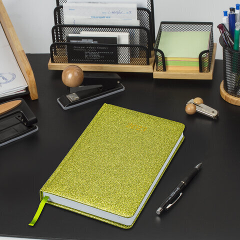 Ежедневник датированный 2023 А5 138x213 мм BRAUBERG "Sparkle", под кожу, блестки, зеленый, 114113