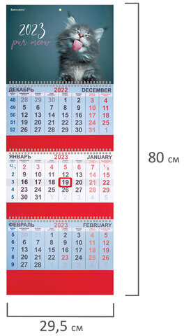 Календарь квартальный на 2023 г., 3 блока, 3 гребня, с бегунком, офсет, "MEOW", BRAUBERG, 114224