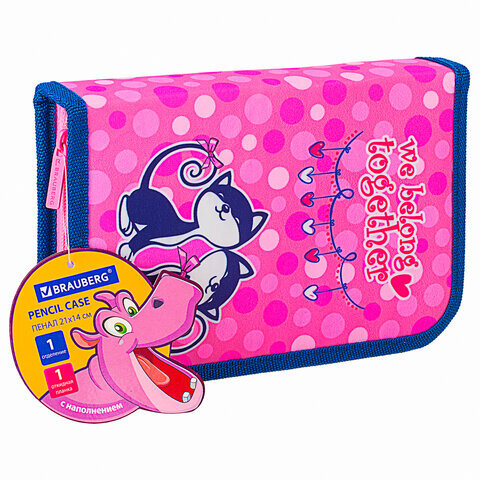 Пенал с наполнением BRAUBERG, 1 отделение, 1 откидная планка, полиэстер, 24 предмета, 21х14 см, "Friendly kittens", 270317