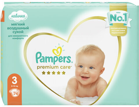 Подгузники КОМПЛЕКТ 74 шт. PAMPERS (Памперс) "Premium Care", размер 3 (6-10 кг), 8001090604644