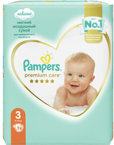 Подгузники КОМПЛЕКТ 74 шт. PAMPERS (Памперс) "Premium Care", размер 3 (6-10 кг), 8001090604644