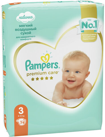 Подгузники КОМПЛЕКТ 74 шт. PAMPERS (Памперс) "Premium Care", размер 3 (6-10 кг), 8001090604644