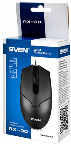 Мышь проводная SVEN RX-30, USB, 2 кнопки + 1 колесо-кнопка, оптическая, черная, SV-018, SV-018214