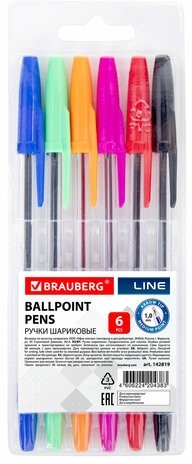 Ручки шариковые BRAUBERG, НАБОР 6 шт., АССОРТИ, "Line", корпус прозрачный, узел 1 мм, линия письма 0,5 мм, 142819