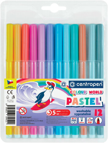 Фломастеры ПАСТЕЛЬНЫЕ 12 ЦВЕТОВ CENTROPEN "Colour World Pastel", смываемые, 7550/12TP, 7 7550 1287