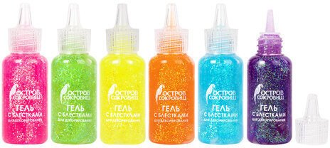 Гель с блестками ОСТРОВ СОКРОВИЩ, для декора, поделок, DIY, творчества, оформления, НЕОН, 6 цветов по 20 мл, блистер, 662259