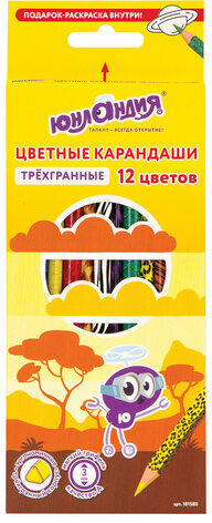 Карандаши цветные мягкие ЮНЛАНДИЯ &quot;САФАРИ&quot;, 12 цветов, корпус с печатью, трехгранные, с раскраской, 181580
