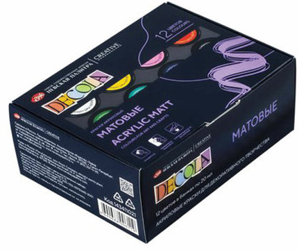 Краски акриловые матовые "Декола", 12 цветов по 20 мл, в банках, 143411021