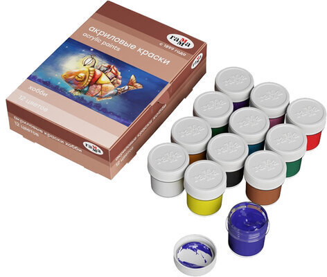 Краски акриловые декоративные ГАММА "Хобби", 12 цветов по 20 мл, в баночках, 3012198