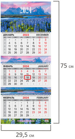 Календарь квартальный на 2024 г., 3 блока, 3 гребня, с бегунком, мелованная бумага, EXTRA, BRAUBERG, "Люпины", 115300