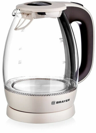 Чайник BRAYER BR1045BN, 1,8 л, 2200 Вт, закрытый нагревательный элемент, стекло, бежевый