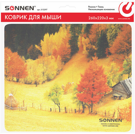 Коврик для мыши SONNEN "FALL", резина + ткань, 260х220х3 мм, 513297