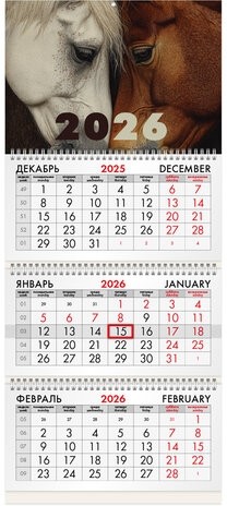 Календарь квартальный на 2026 г., 3 блока, 3 гребня, бегунок, мелованная бумага, BRAUBERG, "Лошади", 116799