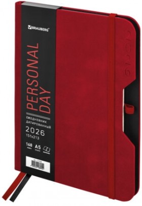 Ежедневник датированный 2026, А5, 151х213 мм, BRAUBERG &quot;Note&quot;, под кожу, держатель для ручки, красный, 117518