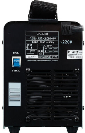 Сварочный аппарат инверторный, сварочный ток до 250 А, диаметр электрода до 6 мм, РЕСАНТА САИ 250, 65/6