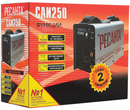 Сварочный аппарат инверторный, сварочный ток до 250 А, диаметр электрода до 6 мм, РЕСАНТА САИ 250, 65/6