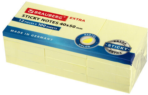 Блоки самоклеящиеся EXTRA STICKY BRAUBERG (Германия), ПАСТЕЛЬНЫЕ, 40х50 мм, КОМПЛЕКТ 12 шт. по 100 л., желтые, 112413
