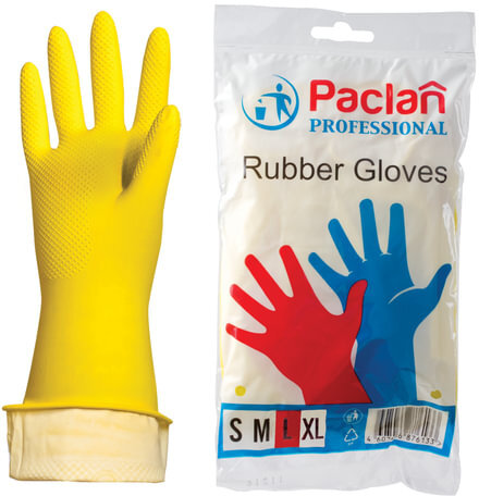Перчатки хозяйственные латексные, х/б напыление, размер L (большой), желтые, PACLAN Professional