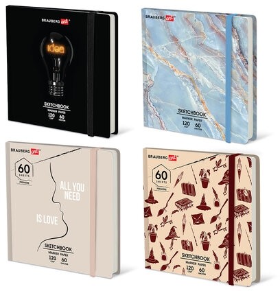 Скетчбук для маркеров 120 г/м2, 195х195 мм, 60 л., твердая обложка, резинка, BRAUBERG ART, МИКС, 115106