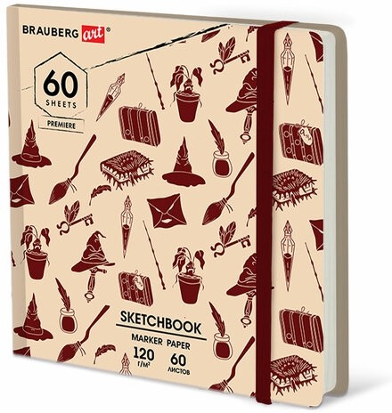 Скетчбук для маркеров 120 г/м2, 195х195 мм, 60 л., твердая обложка, резинка, BRAUBERG ART, МИКС, 115106