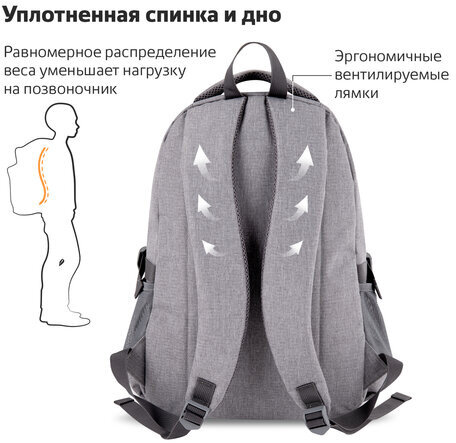 Рюкзак BRAUBERG универсальный, 3 отделения, светло-серый, 46х31х18 см, 270762