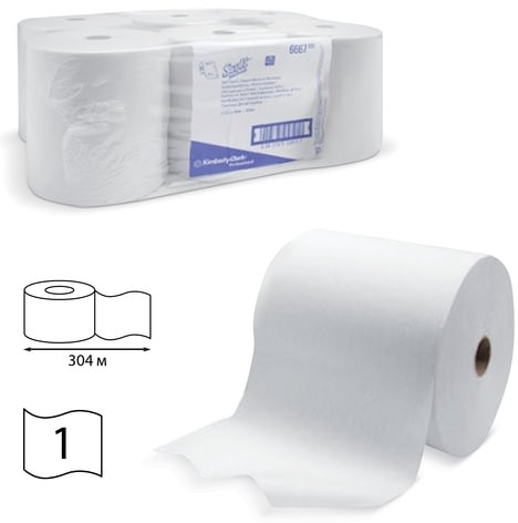 Полотенца бумажные рулонные KIMBERLY-CLARK Scott, КОМПЛЕКТ 6 шт., 304 м, белые, диспенсер 601536, 6667