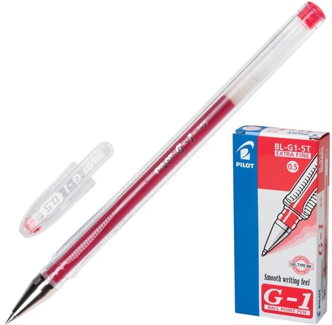 Ручка гелевая PILOT "G-1", КРАСНАЯ, корпус прозрачный, узел 0,5 мм, линия письма 0,3 мм, BL-G1-5T