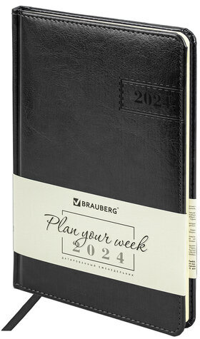 Еженедельник датированный 2024 А5 145х215 мм BRAUBERG "Imperial", под кожу, черный, 115028